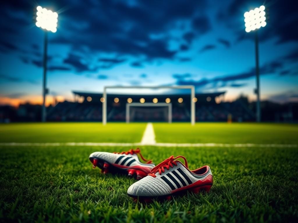 Flick International Blurred soccer field with abandoned cleats symbolizing athlete challenges