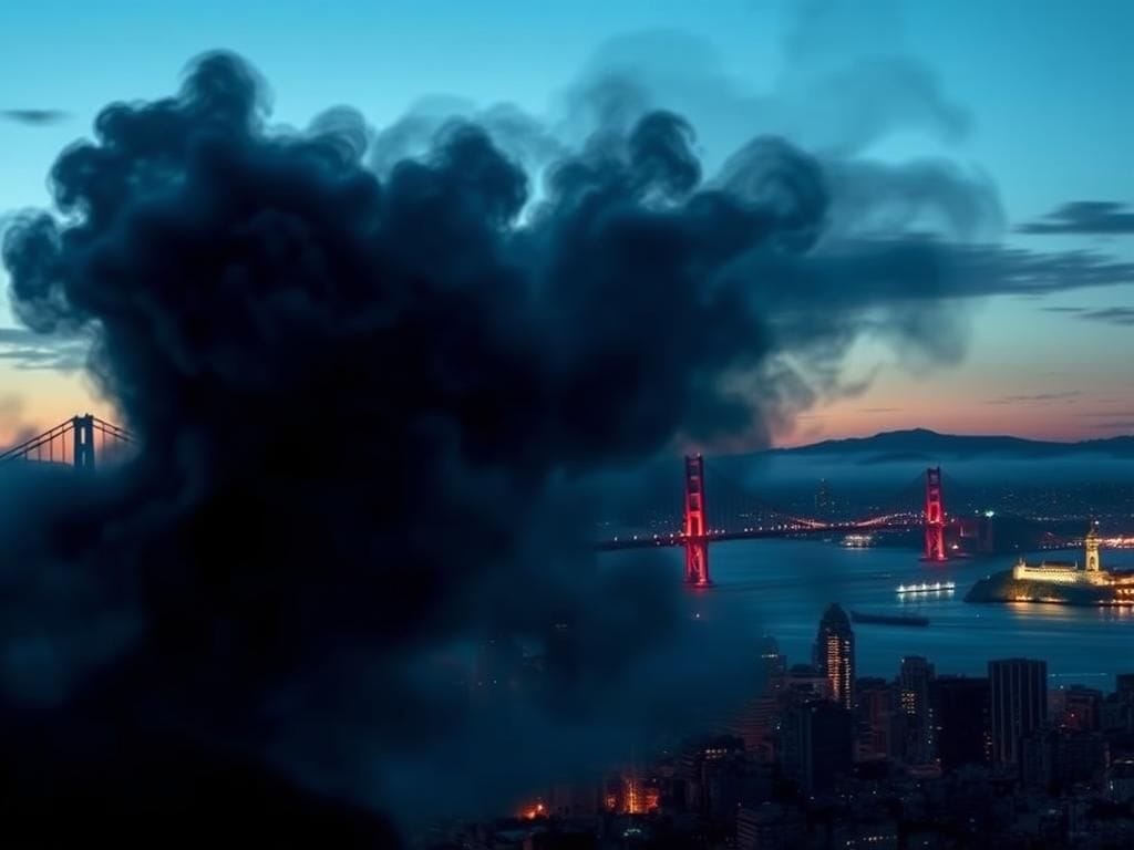 Flick International Dusk view of San Francisco skyline with law enforcement symbols emerging from fog