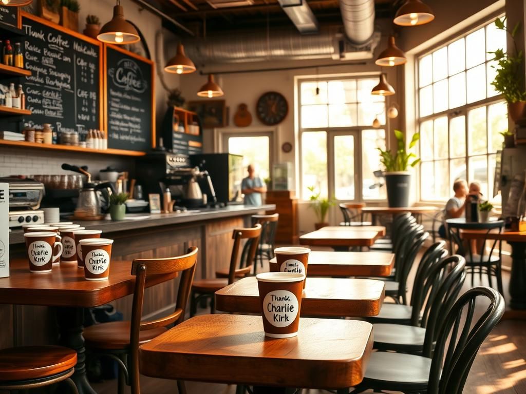 Flick International A bustling coffee shop interior with patrons and coffee cups promoting support for Charlie Kirk