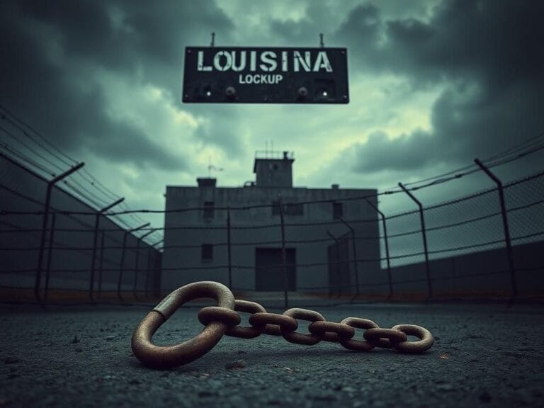 Flick International Foreboding image of Louisiana Lockup prison with dark clouds and barbed wire fencing