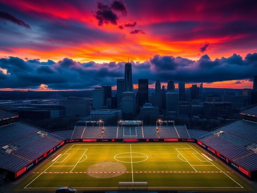 Flick International Aerial view of Boston skyline at sunset with soccer field and grandstand
