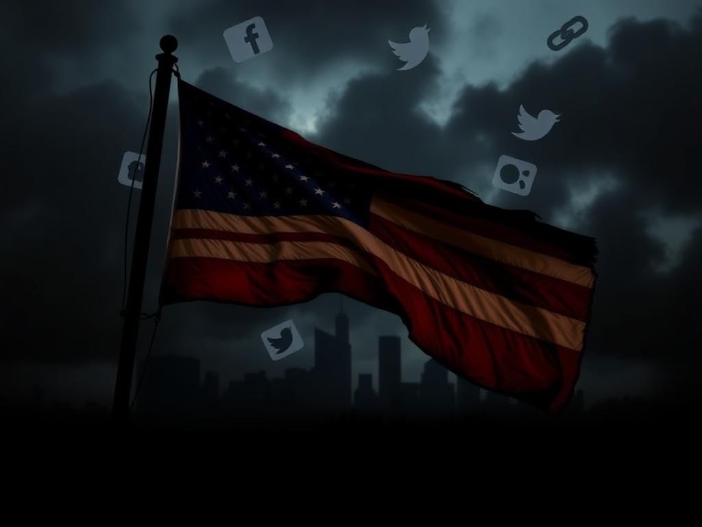 Flick International Weathered American flag billowing in the wind against a dramatic, dark cityscape backdrop