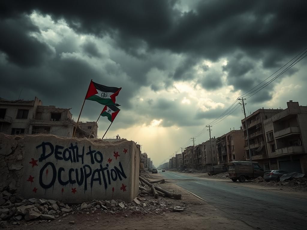 Flick International Desolate urban landscape in Gaza with crumbling buildings and debris