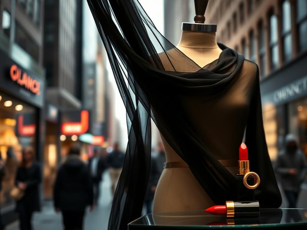 Flick International Stylish black sheer fabric displayed on a mannequin in a vibrant New York City setting