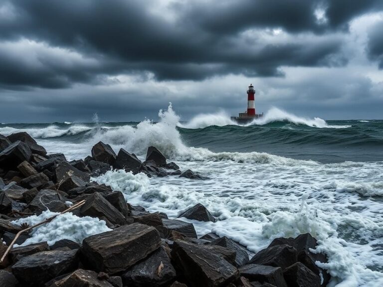 Flick International Stormy coastal landscape of New Jersey with dark clouds and crashing waves