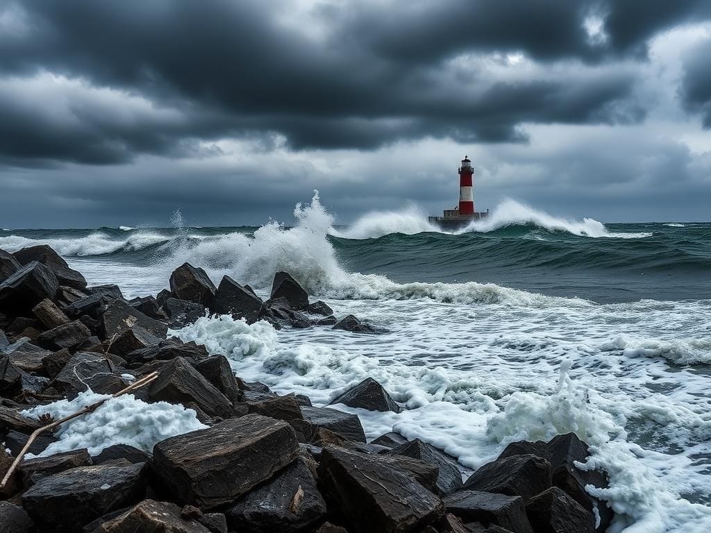 Flick International Stormy coastal landscape of New Jersey with dark clouds and crashing waves