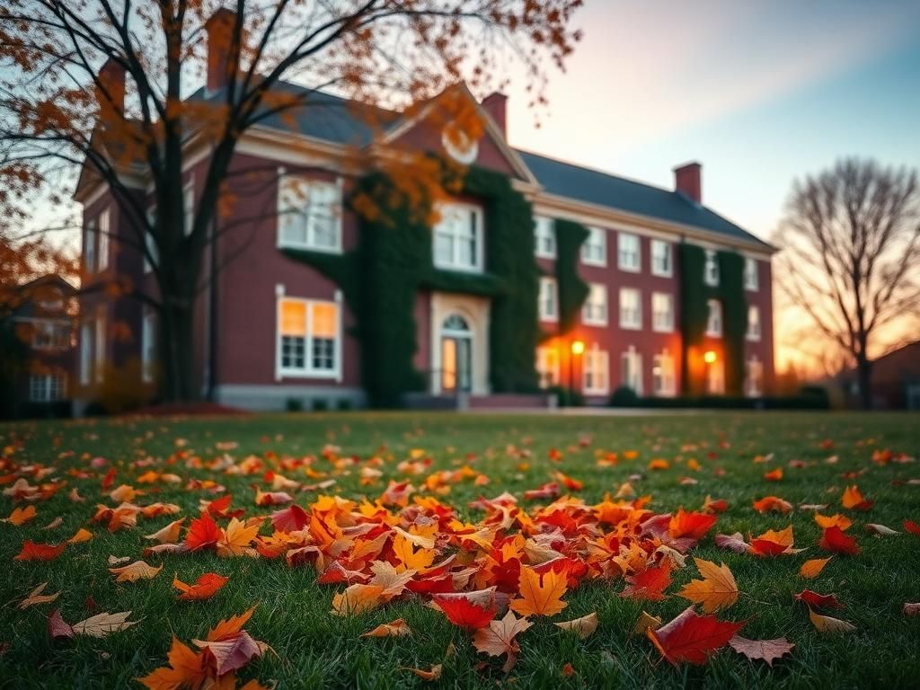 Flick International A serene college campus scene with vibrant autumn leaves and a heart-shaped arrangement, symbolizing acceptance.