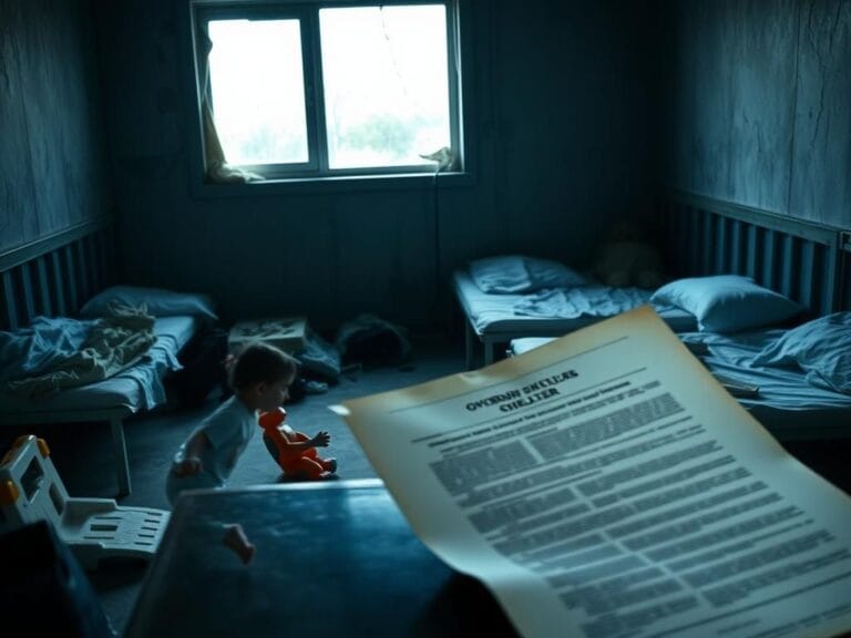 Flick International A dimly lit state-run shelter with empty beds and disheveled belongings, symbolizing neglect and despair.