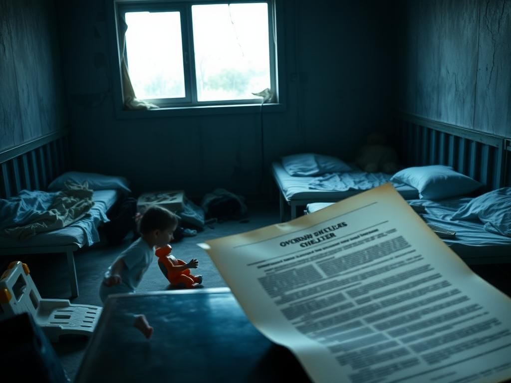 Flick International A dimly lit state-run shelter with empty beds and disheveled belongings, symbolizing neglect and despair.