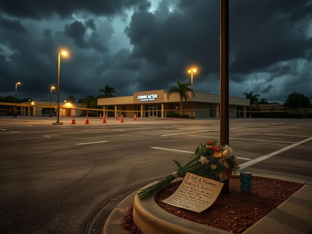 Flick International Empty community center parking lot in Miami Gardens marked by caution cones and police tape after a hit-and-run incident