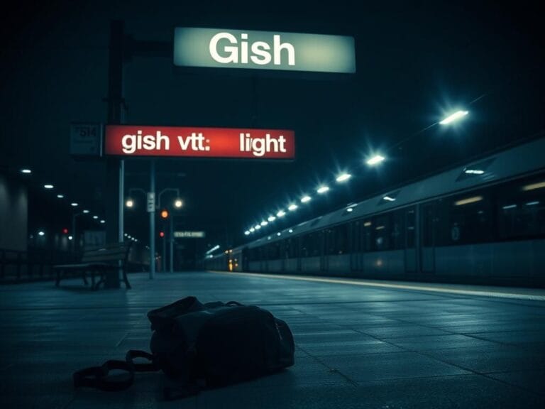 Flick International Dimly lit Gish VTA Light Rail Station at night with an abandoned backpack on the platform