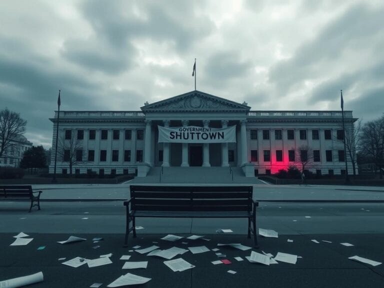 Flick International Exterior of a large government building under a cloudy sky with empty benches