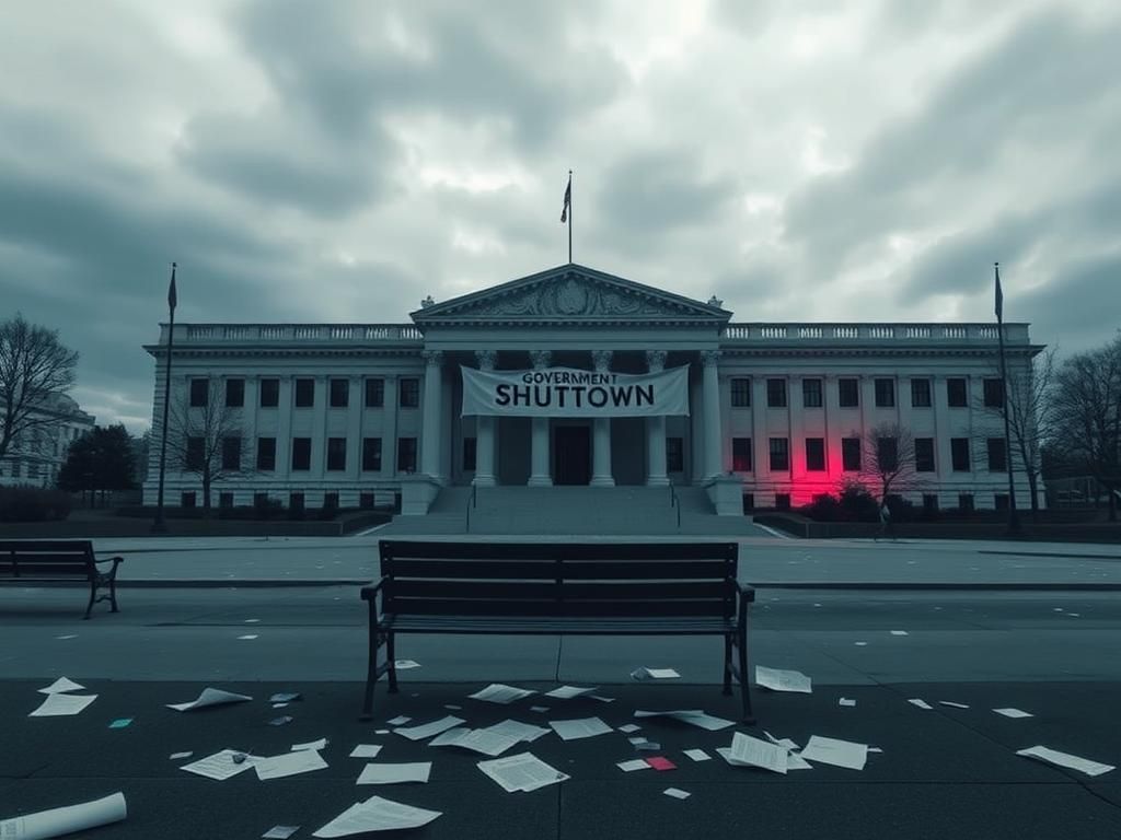 Flick International Exterior of a large government building under a cloudy sky with empty benches