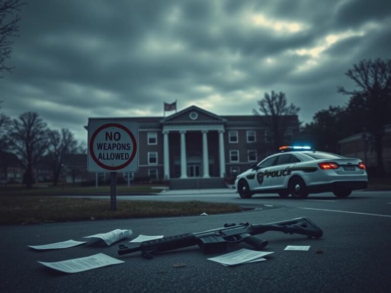 Flick International Empty college campus building with a 'No Weapons Allowed' sign and discarded rifle on the ground