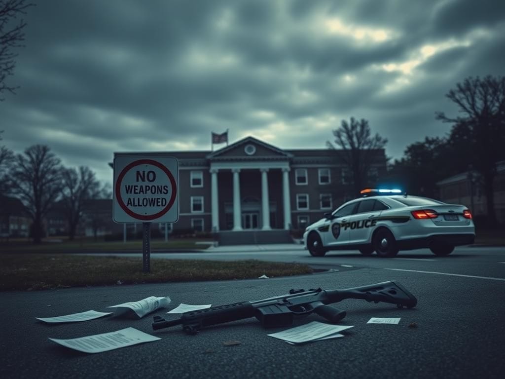 Flick International Empty college campus building with a 'No Weapons Allowed' sign and discarded rifle on the ground