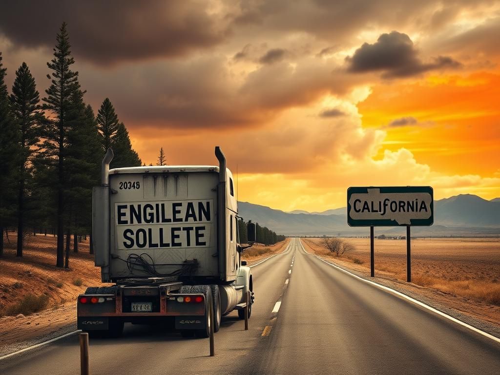 Flick International A large truck idling on a deserted highway flanked by towering pine trees and barren desert landscape