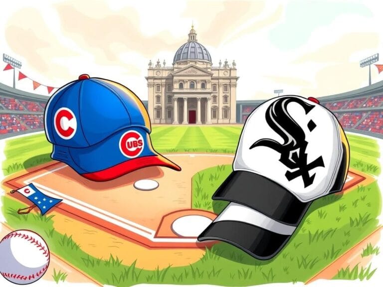 Flick International A vibrant baseball-themed scene highlighting the playful rivalry between the Chicago Cubs and the Chicago White Sox.
