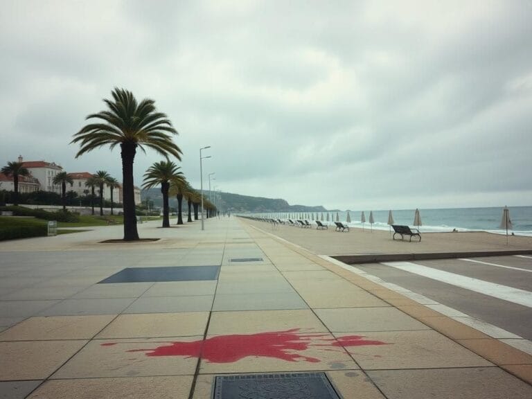 Flick International Blood-stained sidewalk on a seaside promenade in Cascais, Portugal, under an overcast sky