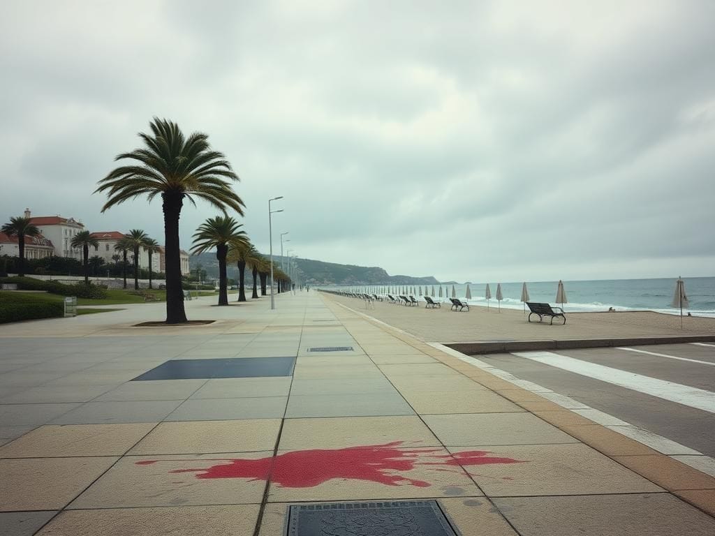 Flick International Blood-stained sidewalk on a seaside promenade in Cascais, Portugal, under an overcast sky