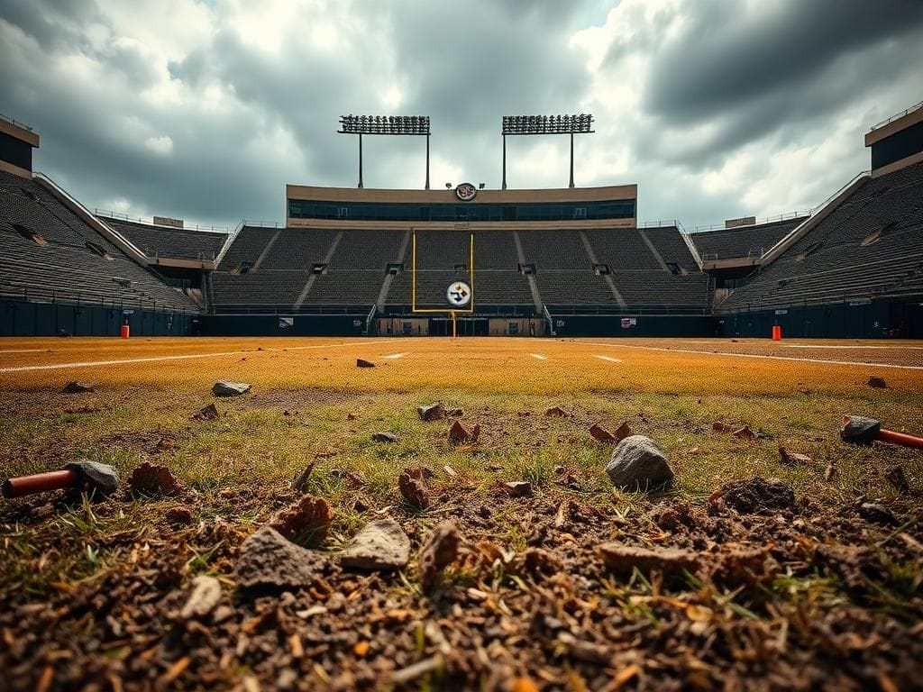 Flick International A dramatic view of the uneven, dry grass surface at Acrisure Stadium during a Steelers game