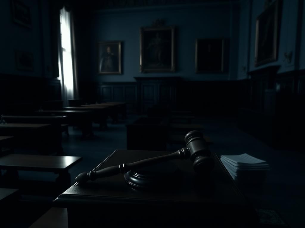 Flick International A dimly lit courthouse interior with empty benches and an abandoned gavel symbolizing justice.