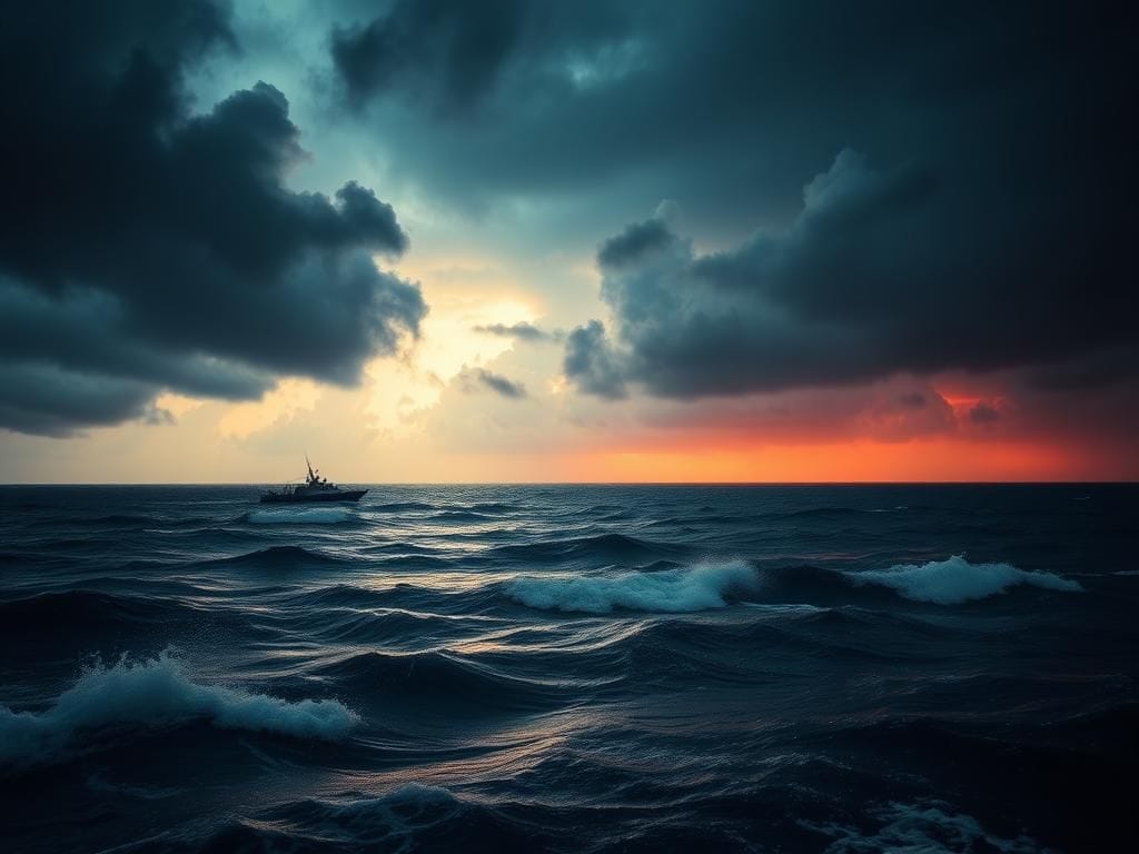Flick International Aerial view of the Caribbean Sea with storm clouds gathering, symbolizing tension