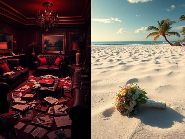 Flick International A split image contrasting a chaotic living room and a serene beach, symbolizing Charlie Sheen and Brooke Mueller's tumultuous marriage.