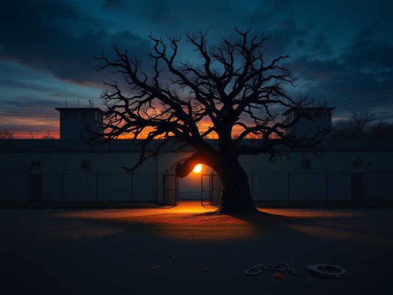 Flick International A somber prison exterior at dusk, with barbed wire and a gnarled tree representing justice