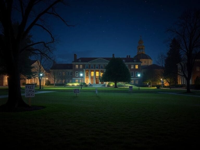 Flick International Nighttime scene of an empty university courtyard with protest signs symbolizing free expression