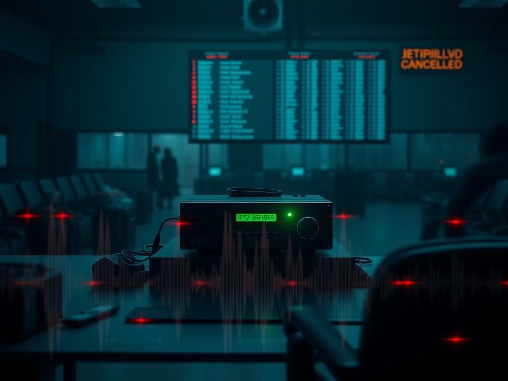 Flick International Dimly lit airport control room with a glowing PA system indicating a breach