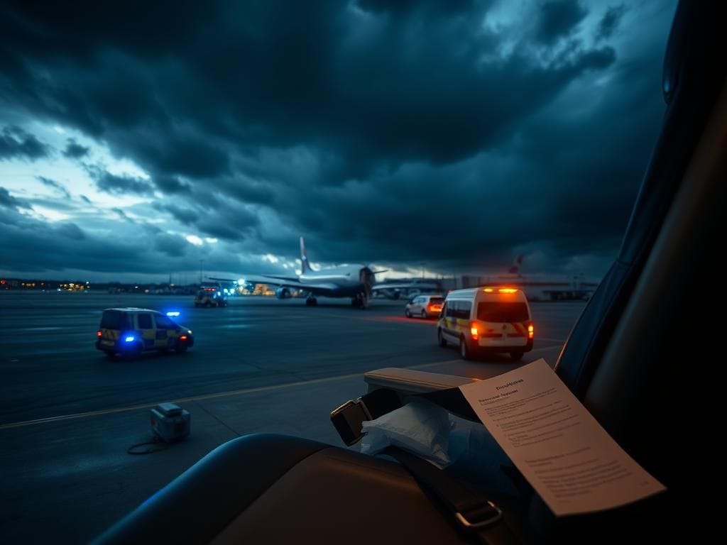 Flick International Commercial airplane grounded on runway with unfastened seatbelt and emergency vehicles nearby