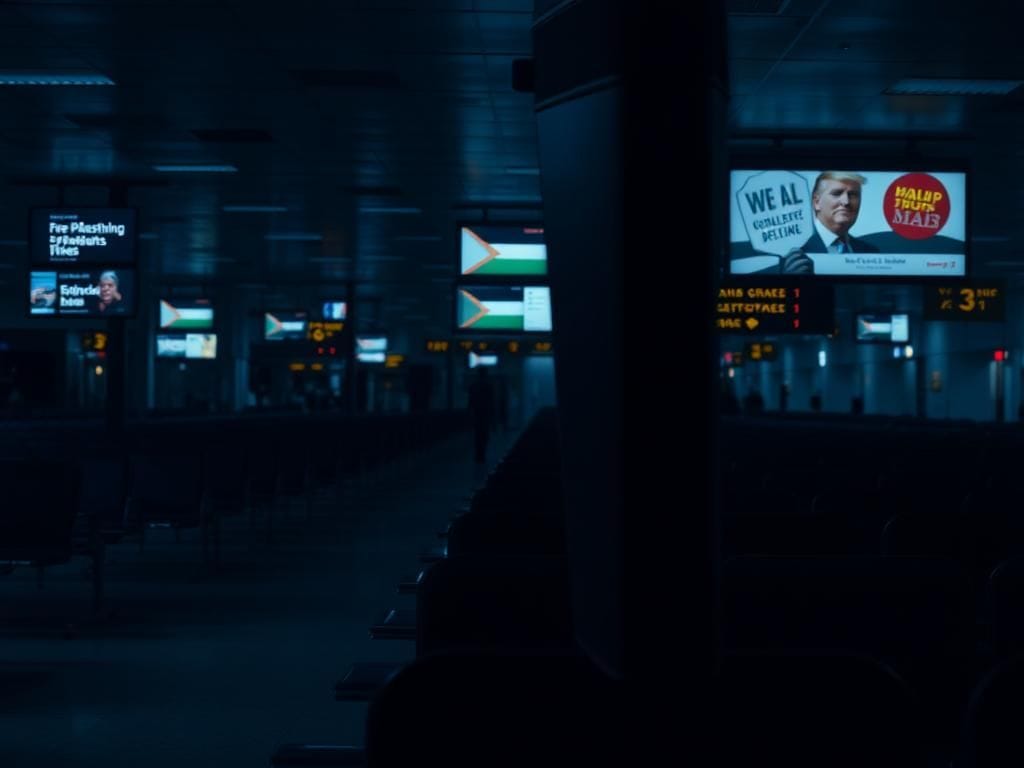 Flick International Dimly lit airport terminal with empty seating and an obscured public address speaker in shadow.