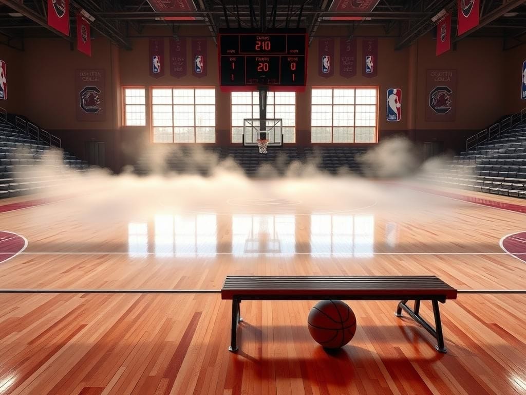 Flick International A misty basketball court at dawn, featuring garnet and black colors of the South Carolina Gamecocks.