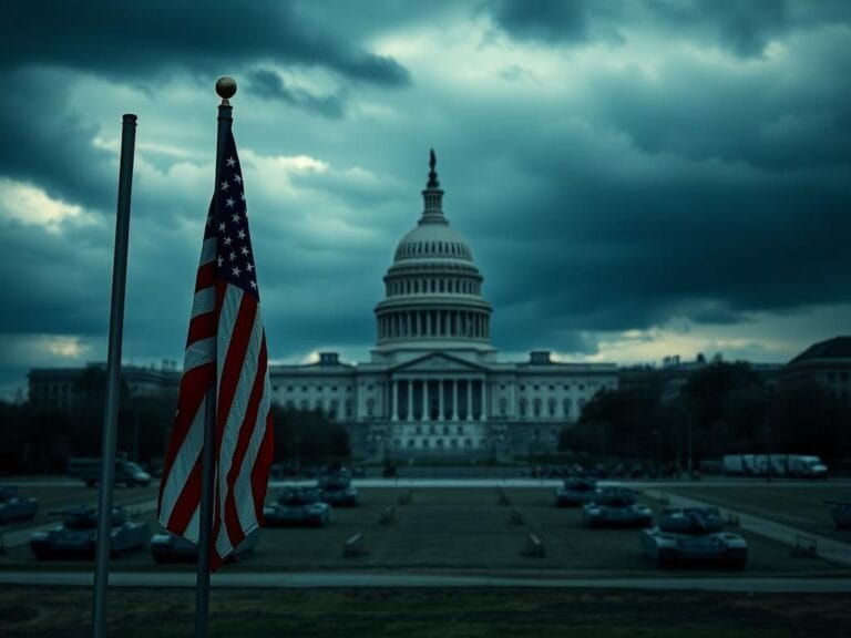 Flick International Close-up of an American flag waving in front of a solemn military base during a government shutdown