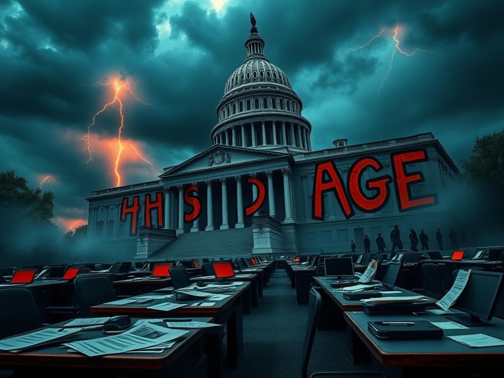 Flick International A dramatic scene of the U.S. Capitol surrounded by dark clouds symbolizing a government shutdown