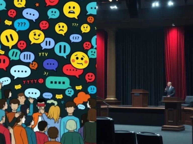 Flick International A split-screen image illustrating contrasting scenes of a chaotic group chat and a somber political stage