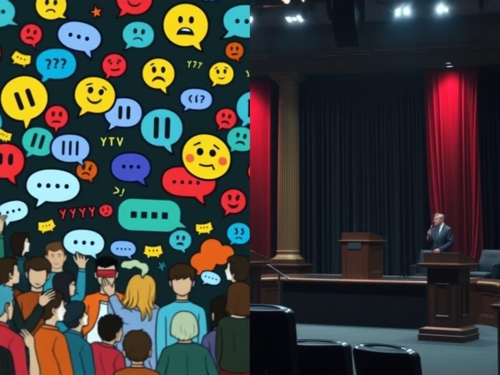 Flick International A split-screen image illustrating contrasting scenes of a chaotic group chat and a somber political stage