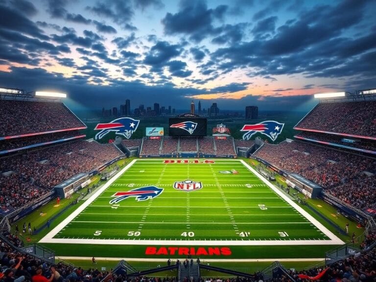 Flick International Aerial view of a packed football stadium showcasing Buffalo Bills and New England Patriots colors