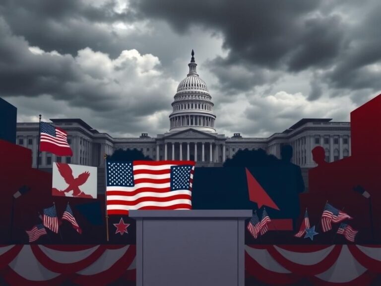 Flick International Dramatic urban scene depicting an empty podium with the American flag in a tense town hall setting