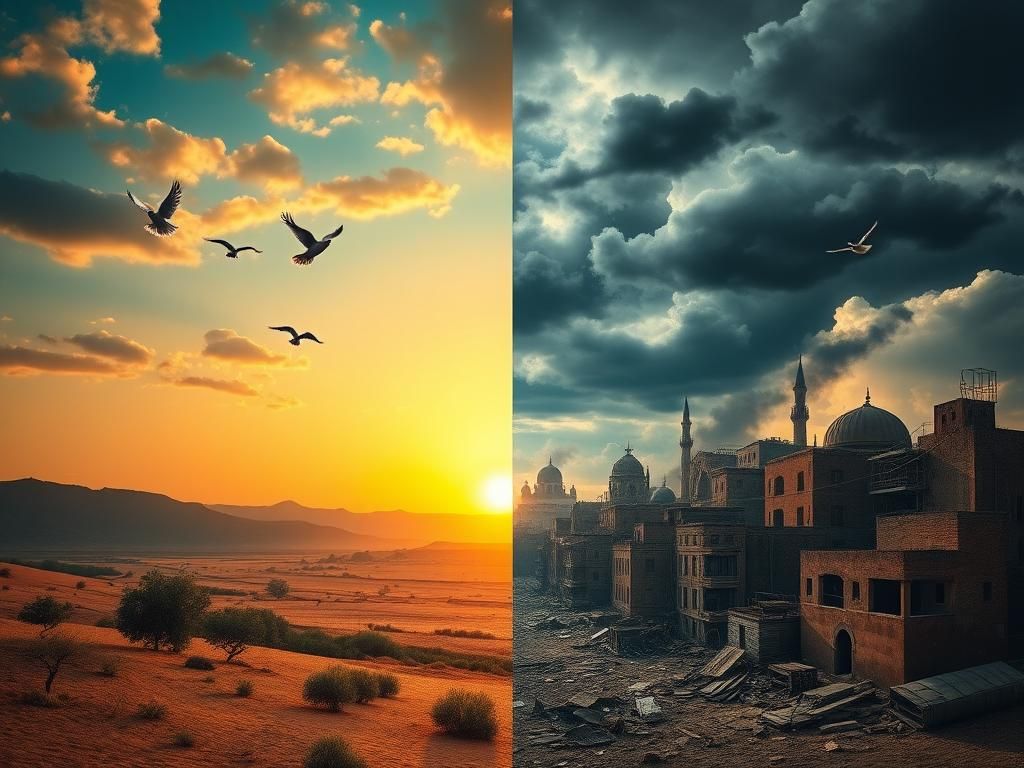 Flick International A serene sunset over a calm Middle Eastern landscape contrasting with a chaotic urban environment