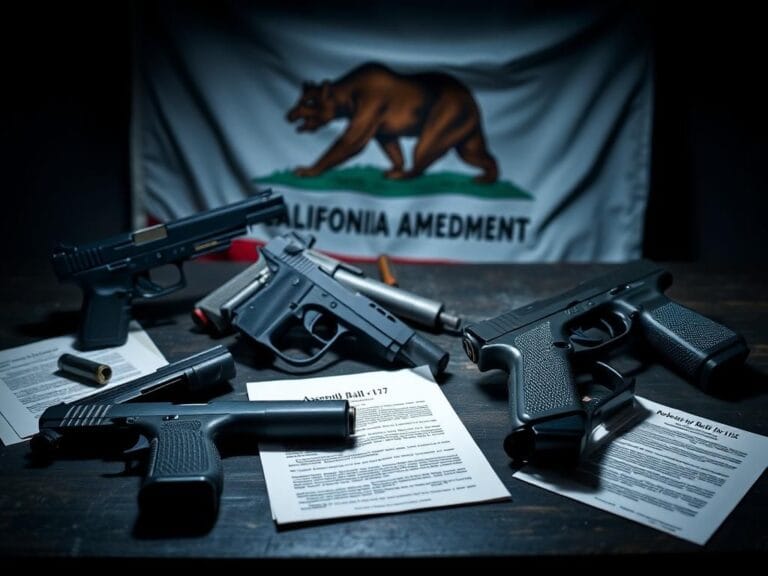 Flick International Still life composition showcasing semiautomatic handguns and a disassembled Glock-style pistol with a blurred California state flag in the background