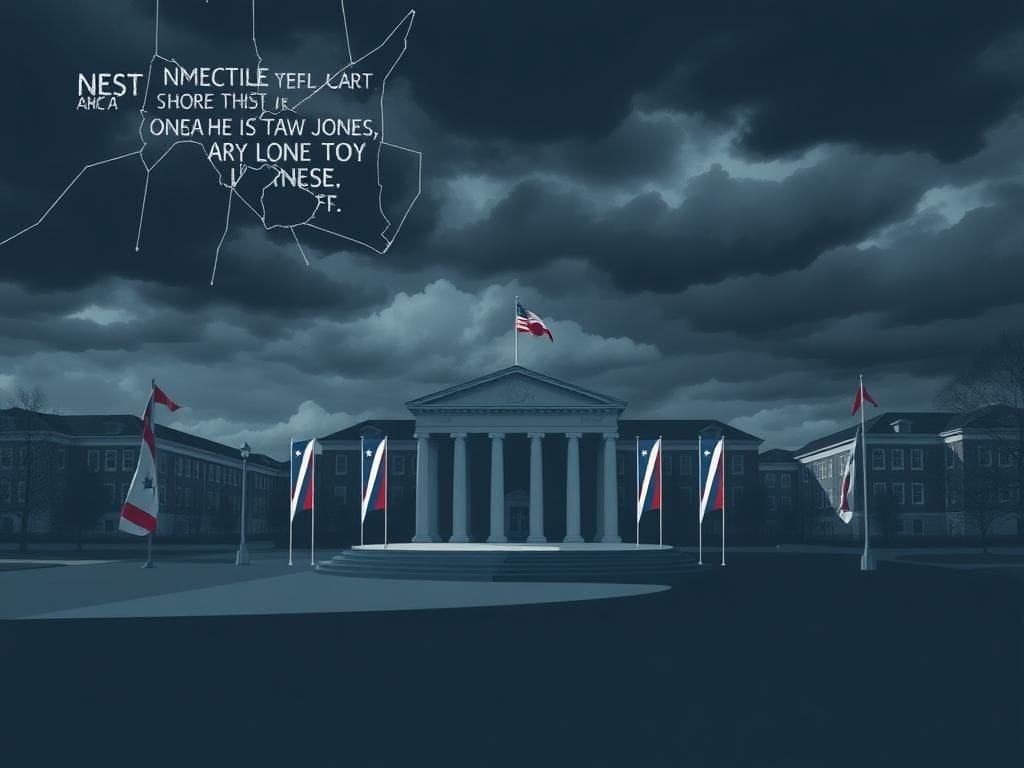 Flick International A stylized image of the University of Richmond campus with an empty debate stage under dark storm clouds