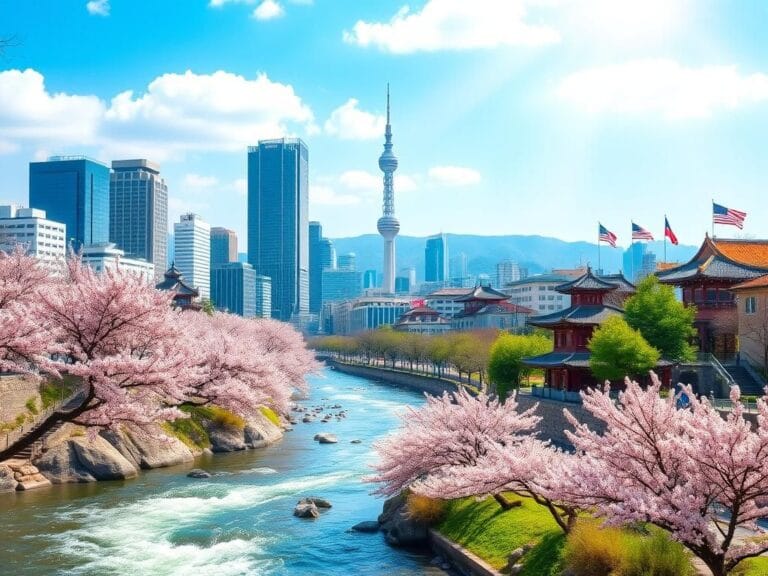 Flick International Vibrant cityscape of Seoul with cherry blossoms and Namsan Tower under a blue sky