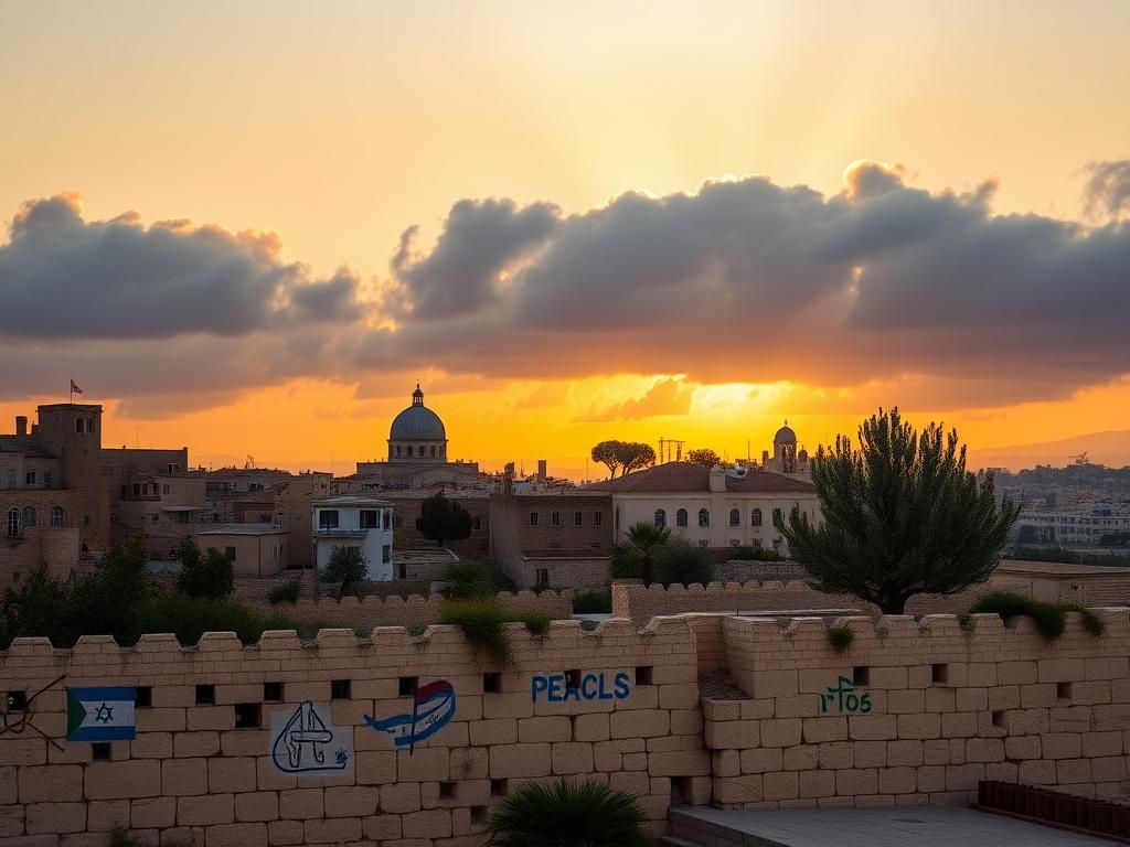 Flick International A panoramic view of the Middle Eastern landscape at dawn, featuring ancient and modern architecture