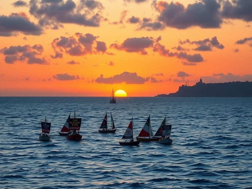 Flick International Colorful boats floating on a serene Mediterranean sea at sunset, symbolizing a flotilla for climate awareness.
