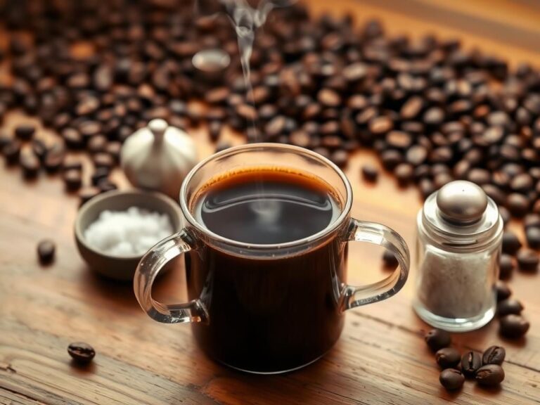 Flick International A steaming cup of dark coffee with coarse sea salt on a rustic wooden table