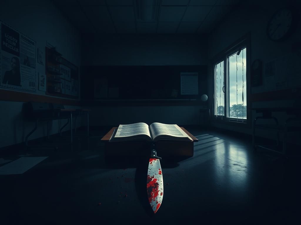 Flick International A blood-stained knife on the floor of a dimly lit, deserted classroom