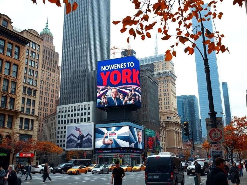 Flick International A bustling New York City scene showcasing iconic landmarks and vintage-modern architectural contrasts during the mayoral race.