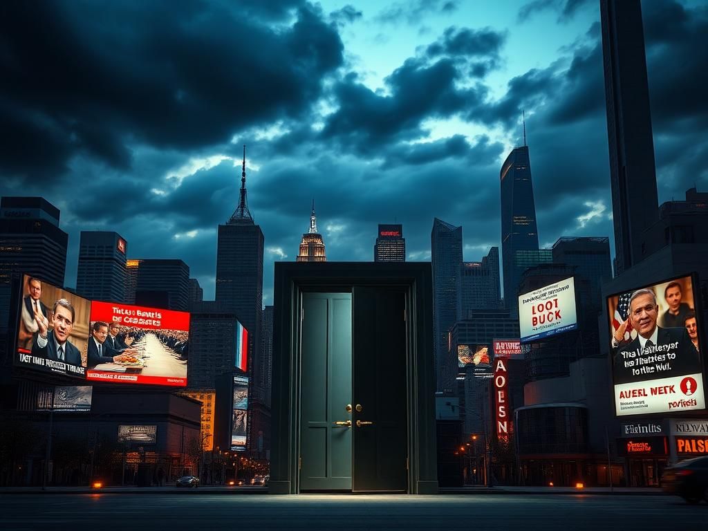 Flick International A dramatic cityscape at dusk featuring a prominent skyline and an imposing jail cell door symbolizing the vow to arrest Israeli Prime Minister Netanyahu.