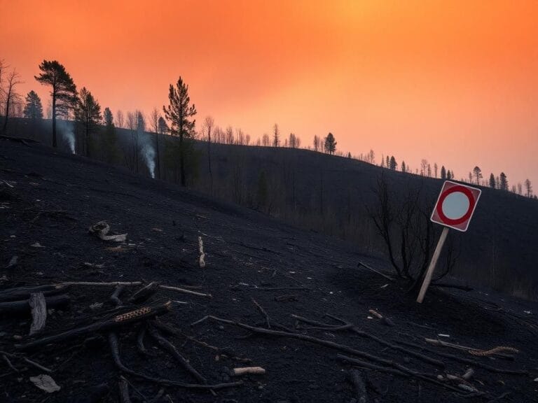 Flick International Charred hillside aftermath of the Palisades Fire with burnt trees and smoky sky